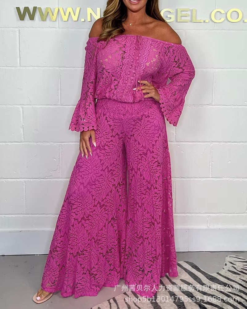 Pant Set Women Two Piece Sets off Shoulder Flare Sleeve Sexy Lace Floral Tops Long Pants High Waist Y2K Streetwear Elegant
