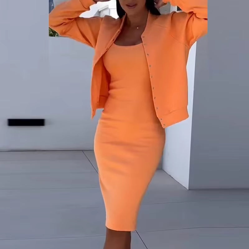 Elegant Solid Bodycon Vestidos Dresses Coat Matching Set Autumn Winter Women Casual Slim 2PC Set Fashion Single Breasted Outfits