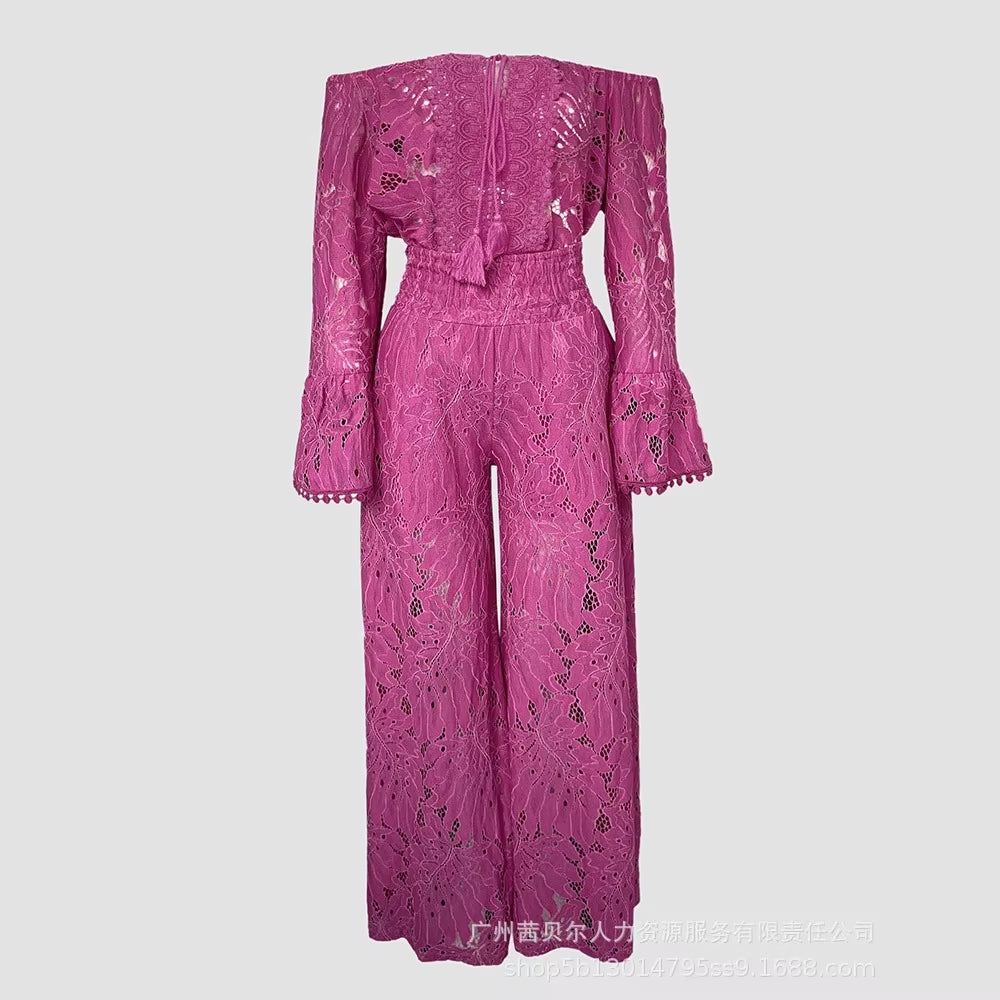 Pant Set Women Two Piece Sets off Shoulder Flare Sleeve Sexy Lace Floral Tops Long Pants High Waist Y2K Streetwear Elegant